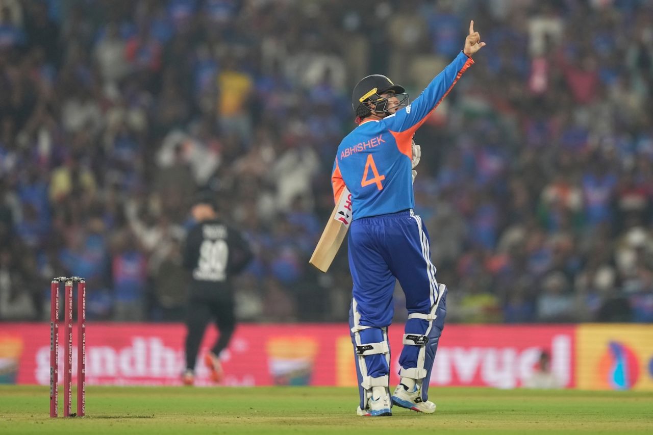 Abhishek Sharma celebrates his 22-ball fifty, India vs New Zealand, 1st T20I, Nagpur, January 21, 2026