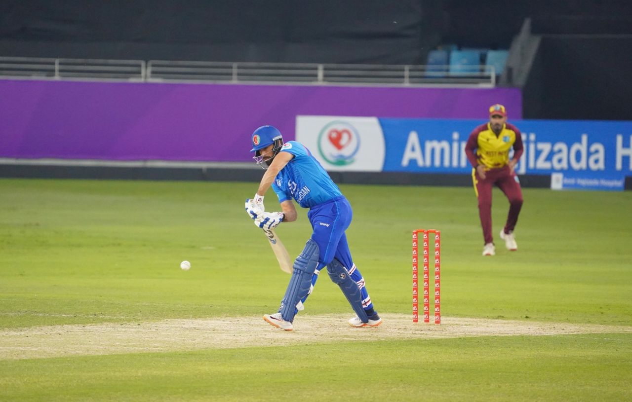 Ibrahim Zadran prepares to defend the ball, Afghanistan vs West Indies, 1st T20I, Dubai, January 26, 2026