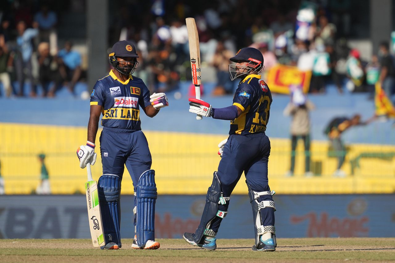 Kusal Mendis raises his bat on reaching fifty, Sri Lanka vs England, 1st ODI, Colombo, January 22, 2026