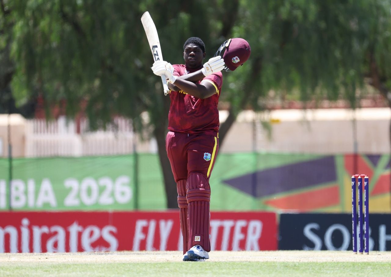 Zachary Carter celebrates his hundred, South Africa vs West Indies, Men's Under-19 World Cup, Windhoek, January 22, 2026