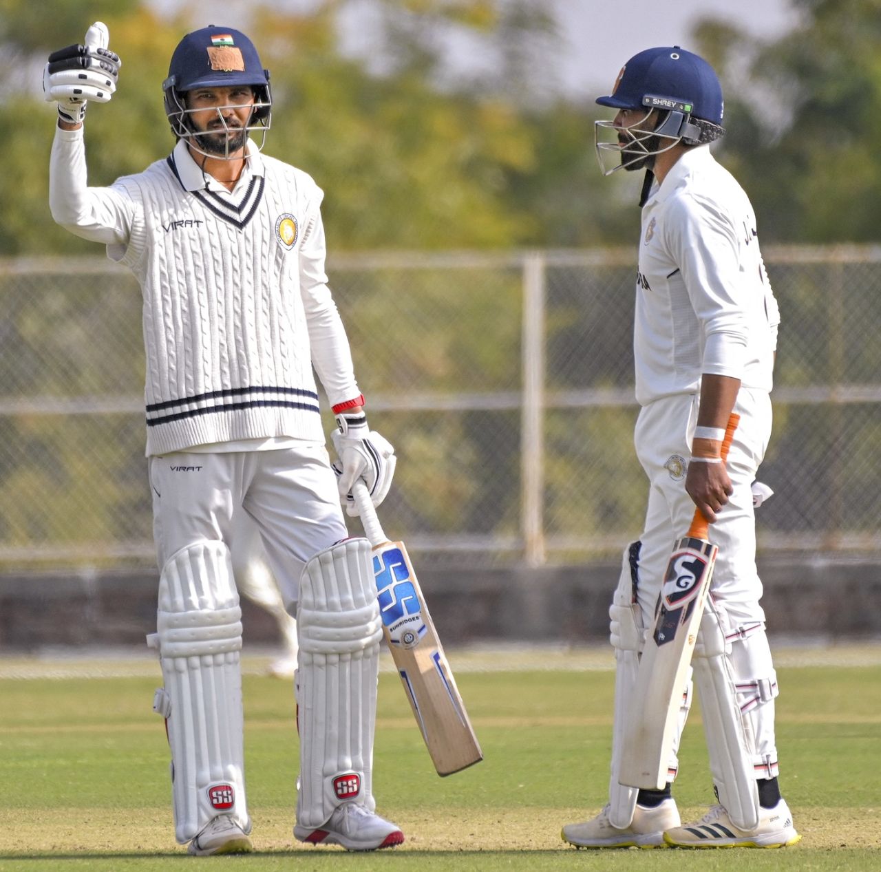 Prerak Mankad celebrates his fifty in the company of Ravindra Jadeja, Saurashtra vs Punjab, Ranji Trophy 2025-26, 2nd day, Rajkot, January 23, 2026