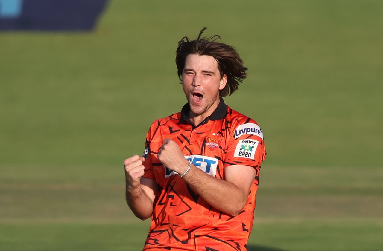 James Coles is pumped after taking a wicket, Sunrisers Eastern Cape vs Paarl Royals, Qualifier 2, SA20 2025-26, January 23, 2026