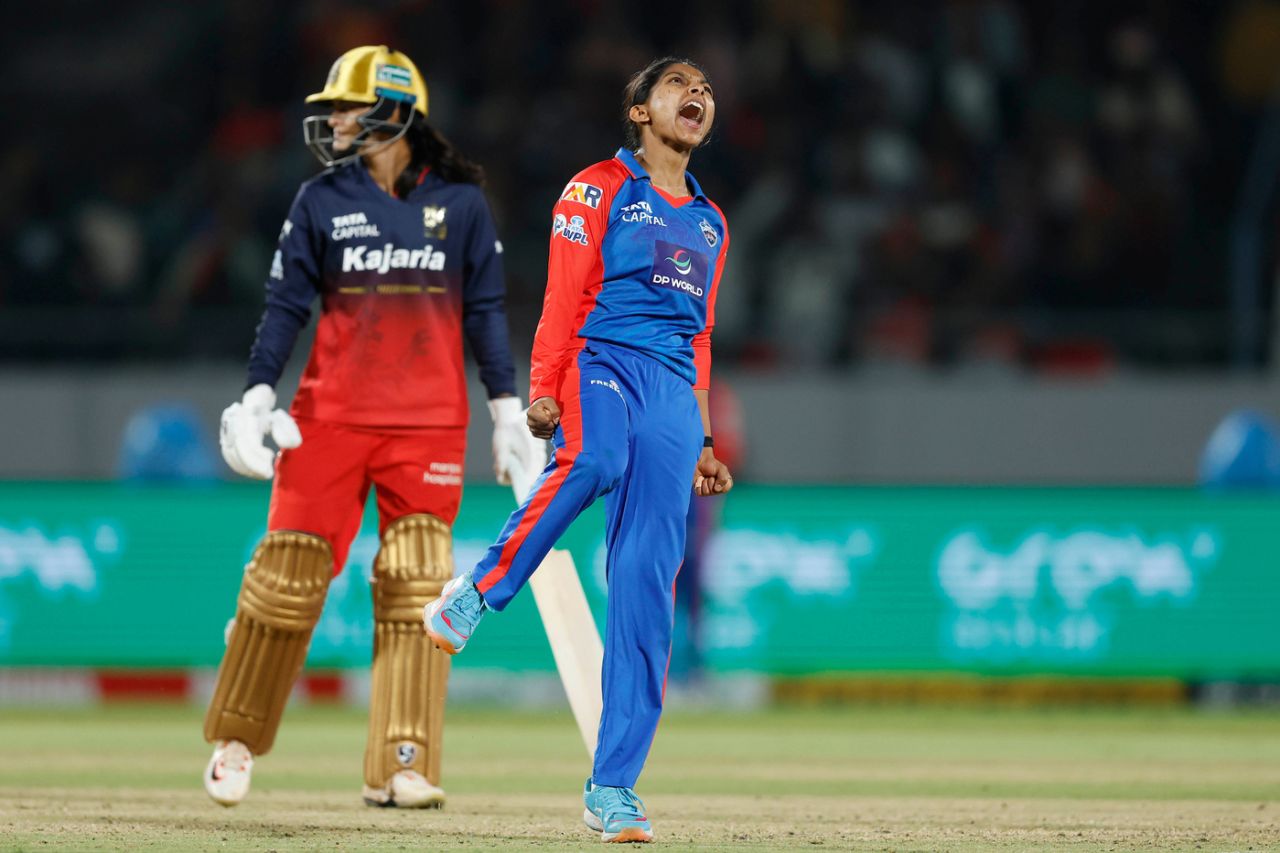 Minnu Mani celebrates her second wicket, Delhi Capitals vs Royal Challengers Bengaluru, WPL 2026, Vadodara, January 24, 2026