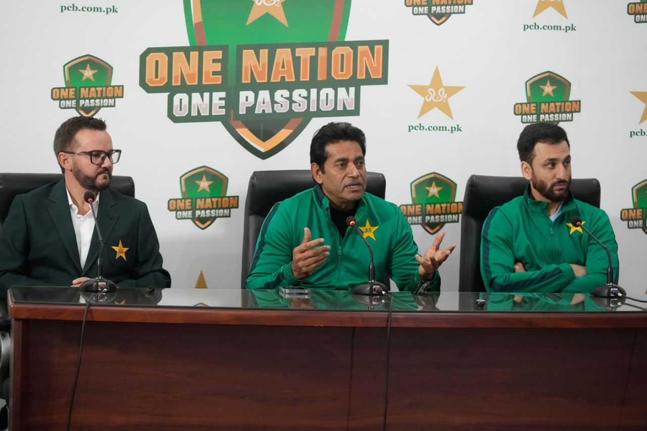 Head coach Mike Hesson, selector Aaqib Javed and captain Salman Agha at Pakistan's T20 World Cup squad announcement, Lahore, January 25, 2026