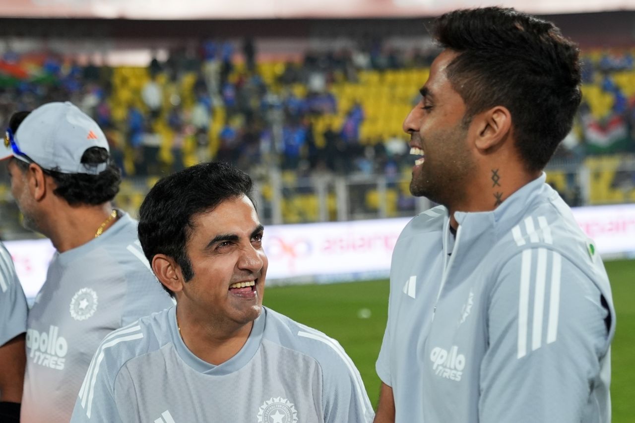 Gautam Gambhir and Suryakumar Yadav share a light moment before the game, India vs New Zealand, 3rd T20I, Guwahati, January 25, 2026