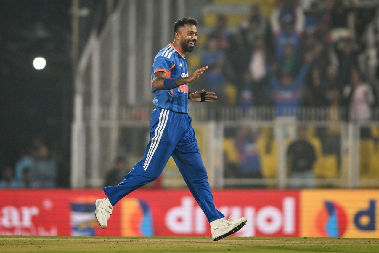Hardik Pandya celebrates Rachin Ravindra's wicket, India vs New Zealand, 3rd T20I, Guwahati, January 25, 2026