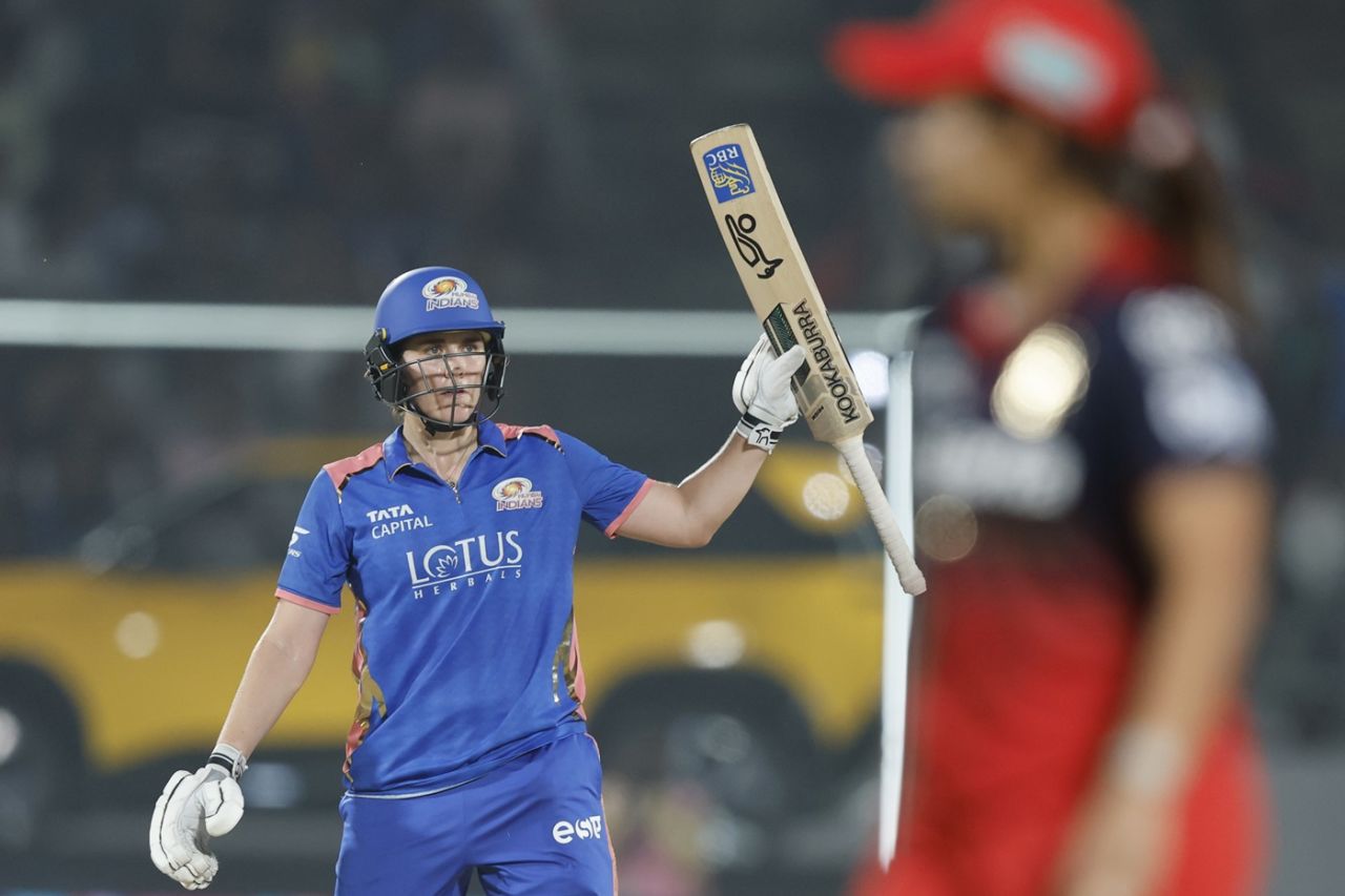 Nat Sciver-Brunt celebrates her fifty, Mumbai Indians vs Royal Challengers Bengaluru, WPL 2026, Vadodara, January 26, 2026