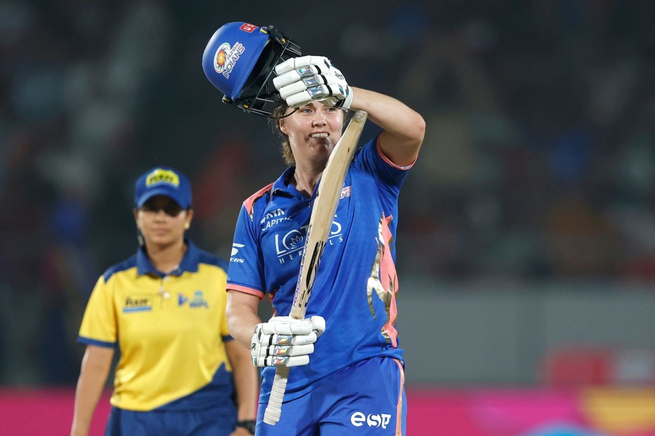 Nat Sciver-Brunt with a T celebration, a tribute to her son Theodore Michael, Mumbai Indians vs Royal Challengers Bengaluru, WPL 2026, Vadodara, January 26, 2026
