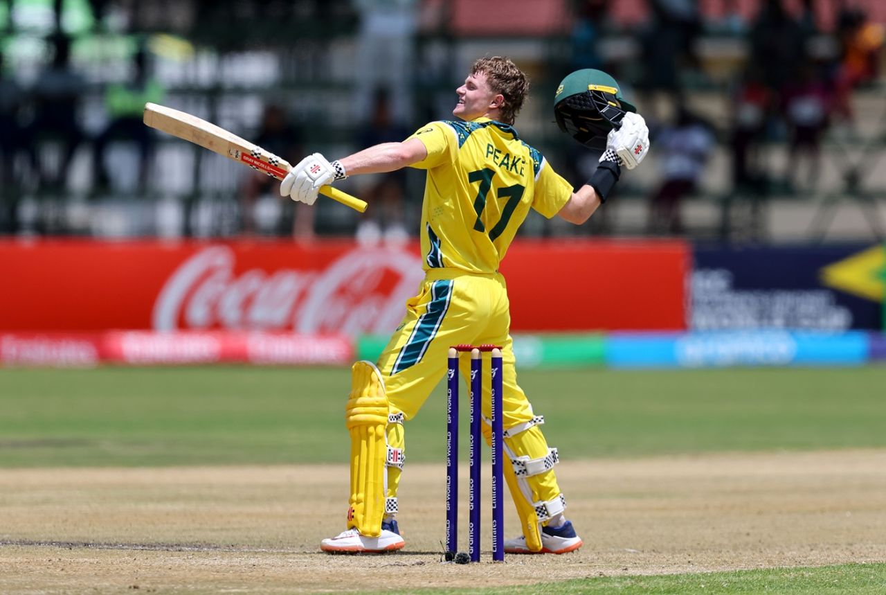Oliver Peake celebrates his century, Australia vs West Indies, Under-19 World Cup, Harare, January 28, 2026