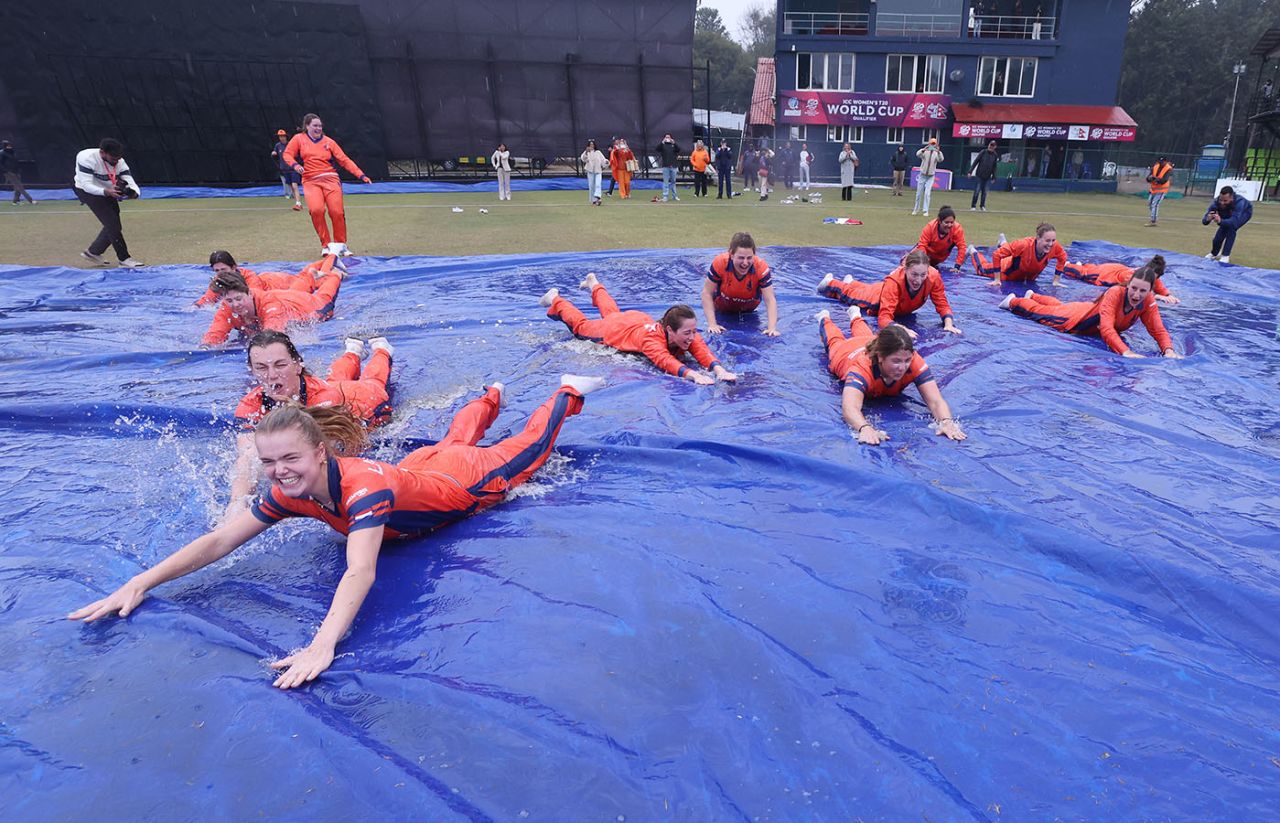 Netherlands's Women's team celebrate victory and qualification for the T20 World Cup, ICC Women´s T20 World Cup 2026 Qualifier Super Six, USA vs Netherlands, Kathmandu, January 28, 2026