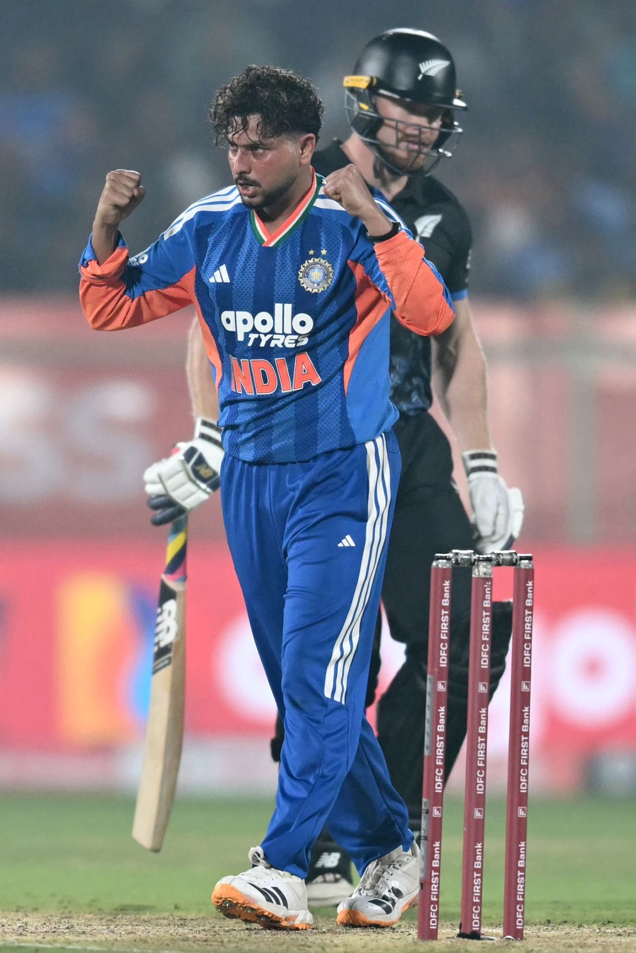 Kuldeep Yadav celebrates Glenn Phillips' wicket, India vs New Zealand, 4th T20I, Visakhapatnam, January 28, 2026