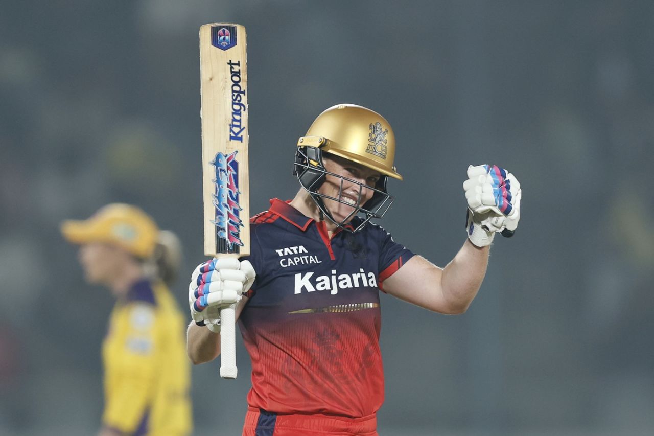 Grace Harris celebrates her second half-century of the season, UP Warriorz vs Royal Challengers Bengaluru, WPL, Vadodara, January 29, 2026