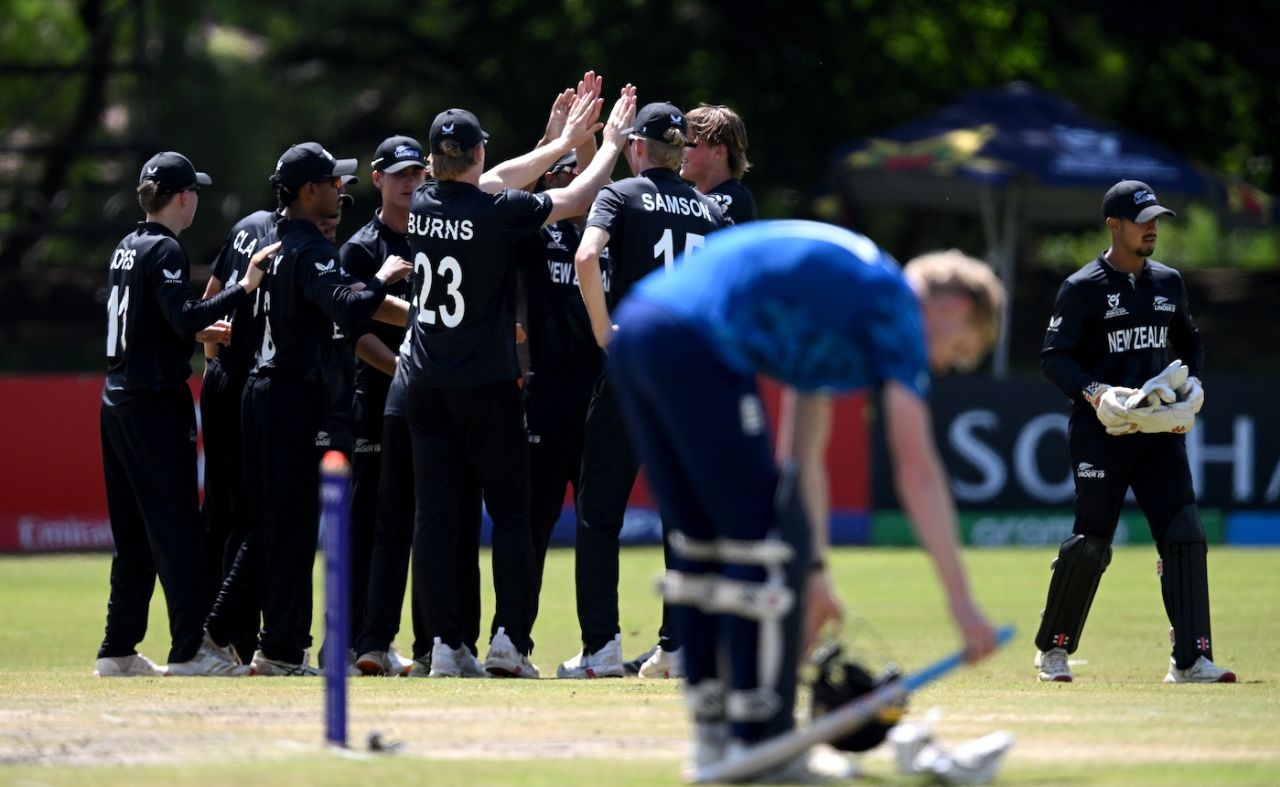 The New Zealand players celebrate the dismissal of Joseph Moores, England vs New Zealand, Under-19 World Cup, Bulawayo, January 30, 2026