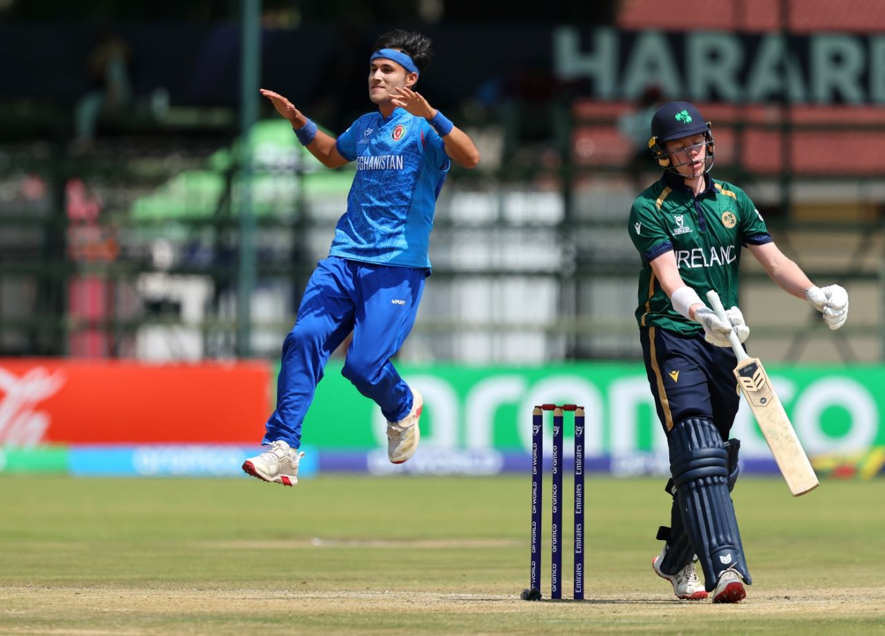 Abdul Aziz exults after dismissing James West, Afghanistan vs Ireland, Under-19 World Cup, Super Sixes, Group 1, Harare, January 30, 2026