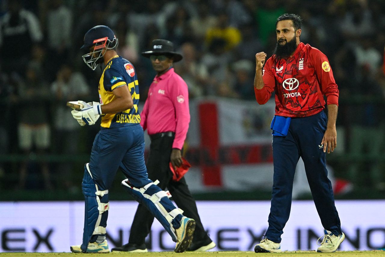 Adil Rashid celebrates after taking the wicket of Dhananjaya de Silva, 1st T20I, Sri Lanka vs England, Pallekele, January 30, 2026