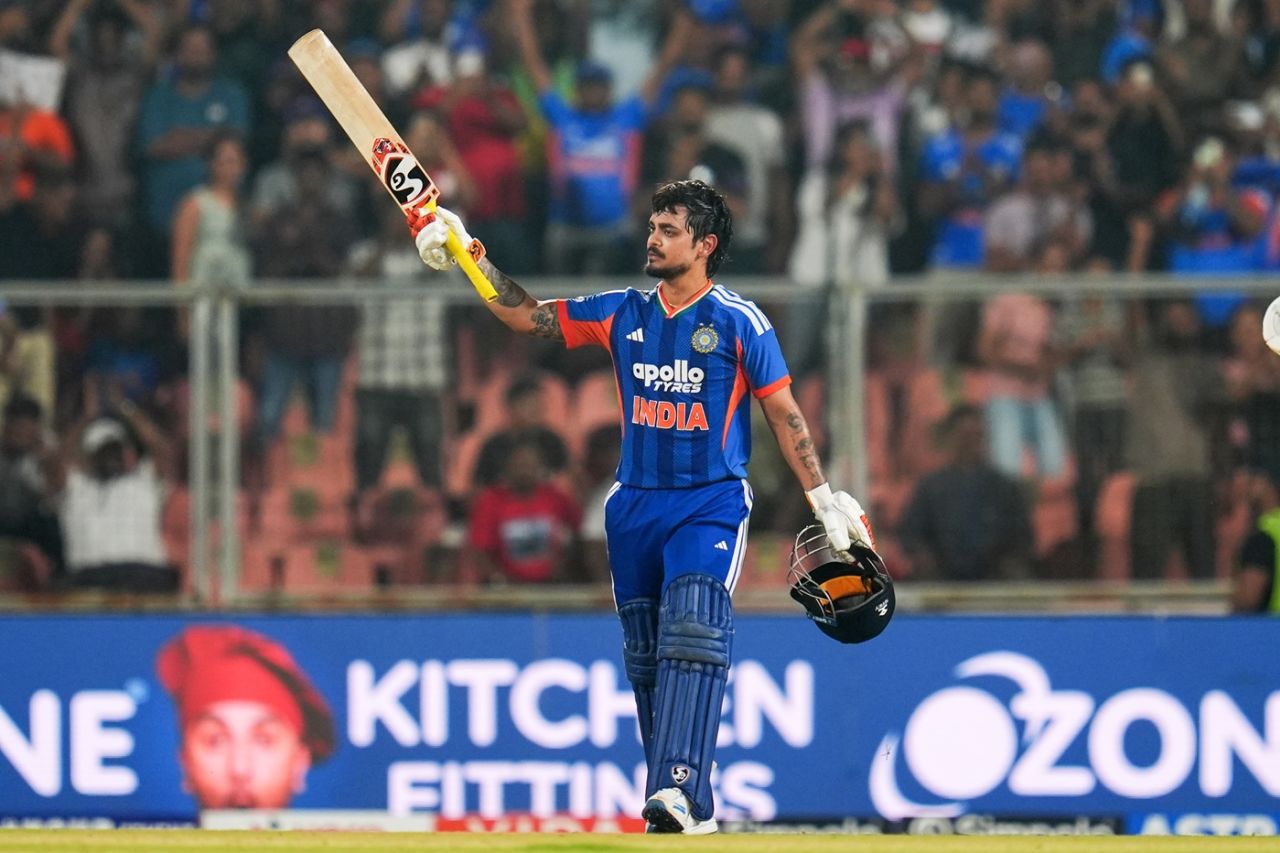 Ishan Kishan celebrates his maiden T20I hundred, India vs New Zealand, 5th T20I, Thiruvananthapuram, January 31, 2026