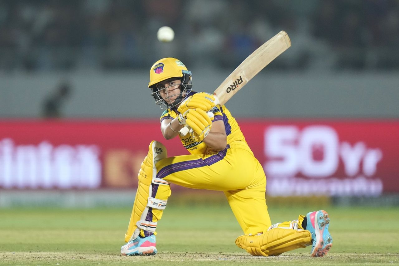 Shipra Giri got her first WPL boundary with a sweep, UP Warriorz vs Delhi Capitals, WPL, Vadodara, February 1, 2026