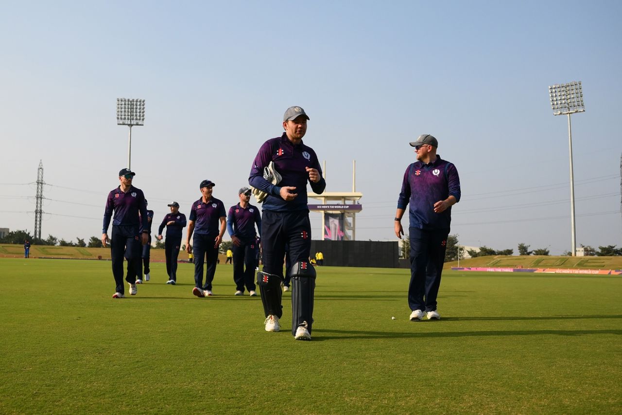 The Scotland players walk off the ground at the end of the contest, Afghanistan vs Scotland, T20 World Cup warm-up, Bengaluru, February 2, 2026