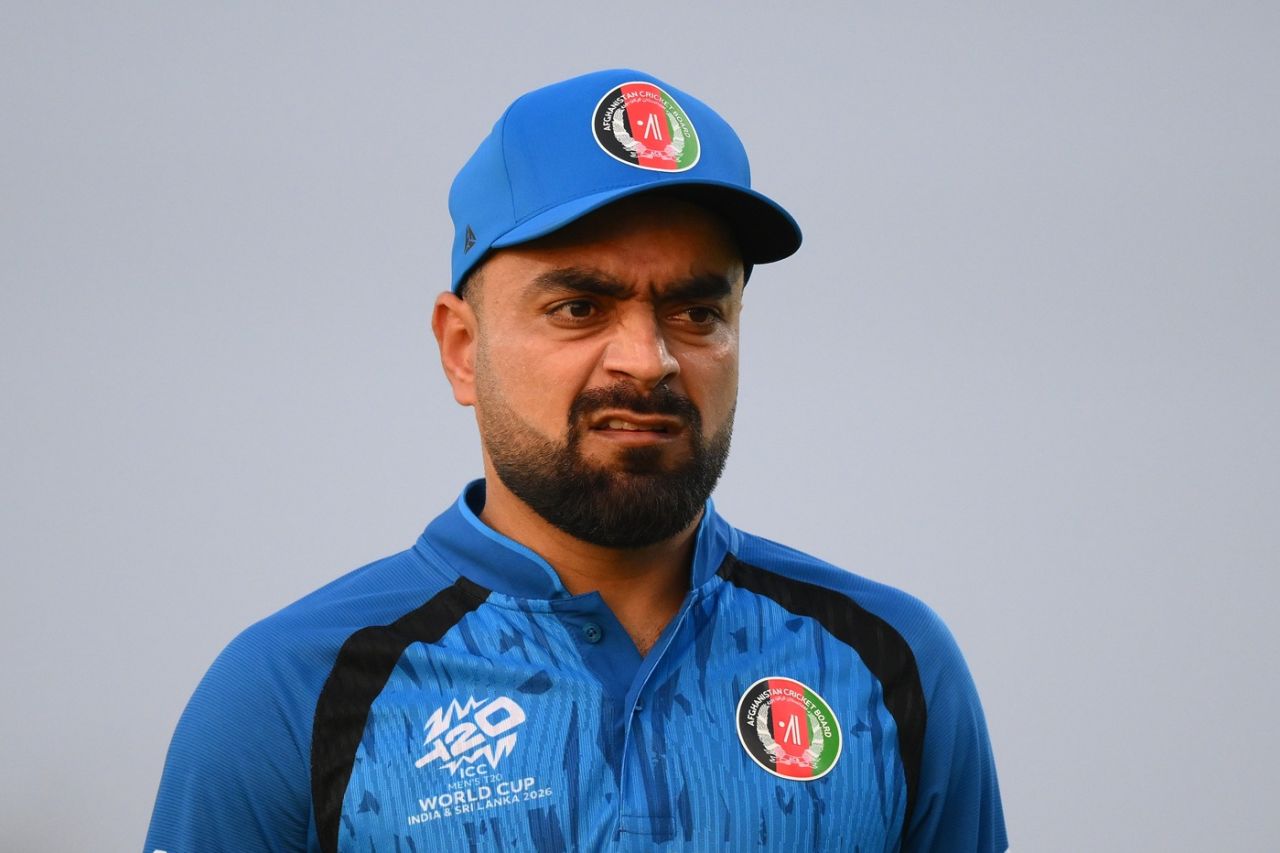Rashid Khan has a quizzical look during the game, Afghanistan vs Scotland, T20 World Cup warm-up, Bengaluru, February 2, 2026
