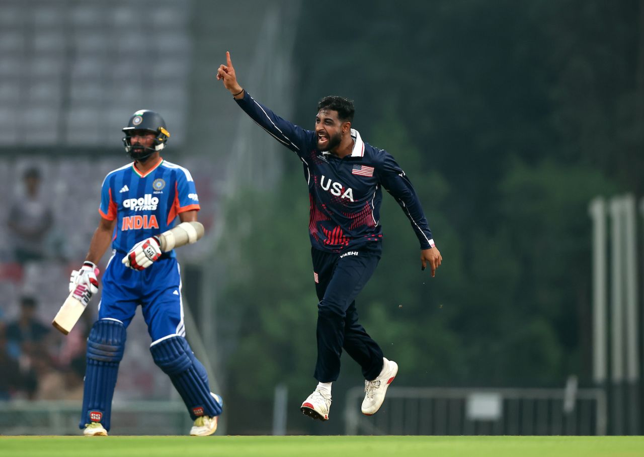 Shubham Ranjane celebrates a wicket, India A vs USA, Navi Mumbai, ICC Men's T20 World Cup Warm-up, February 02, 2026,