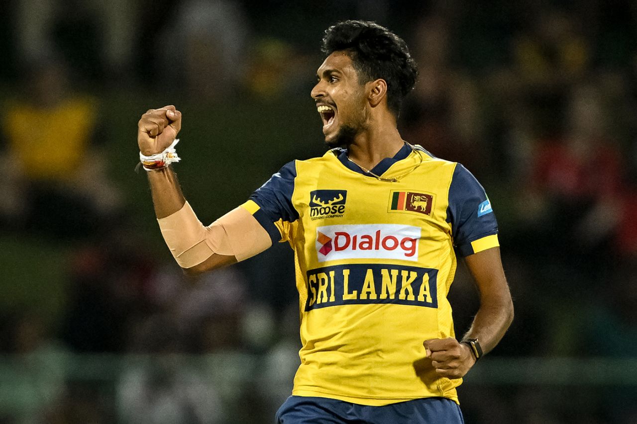 Matheesha Pathirana celebrates an early breakthrough, Sri Lanka vs England, 3rd T20I, Pallekele, February 3, 2026