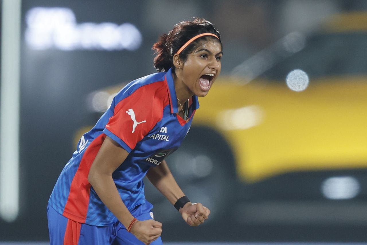 Nandani Sharma is delighted after dismissing Ashleigh Gardner for a first-ball duck, Gujarat Giants vs Delhi Capitals, WPL, Vadodara, February 3, 2026