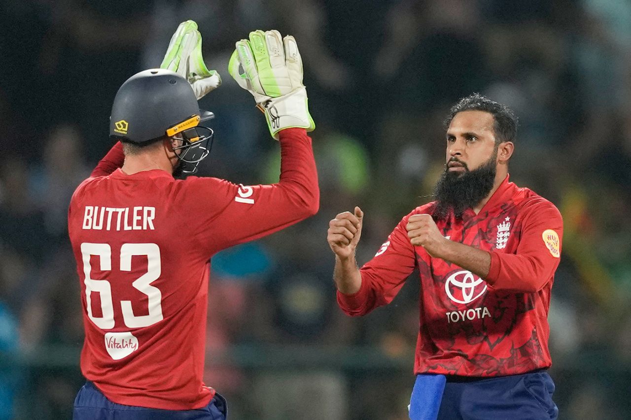 Adil Rashid celebrates with Jos Buttler, Sri Lanka vs England, 3rd T20I, Pallekele, February 3, 2026