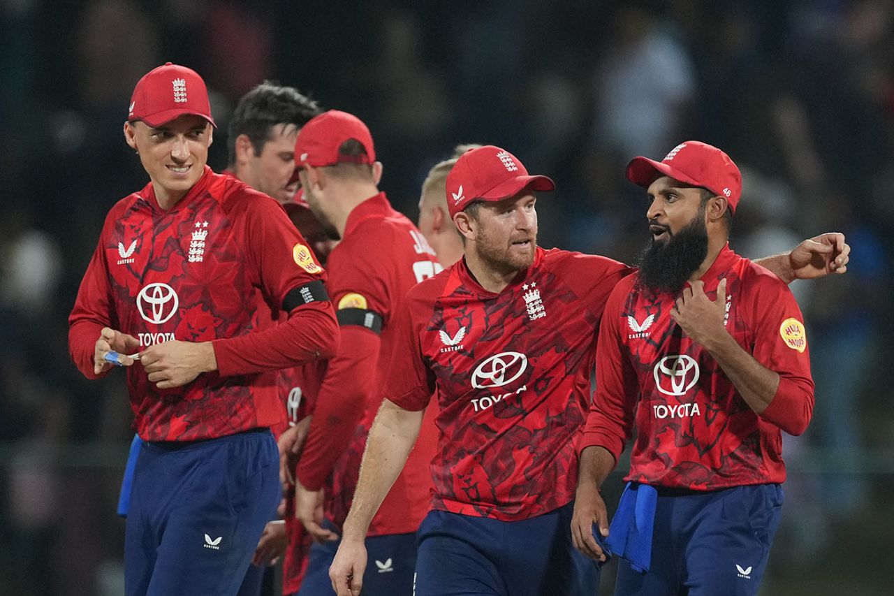 Liam Dawson and Adil Rashid celebrate victory with their England team-mates, Sri Lanka vs England, 3rd T20I, Pallekele, February 3, 2026