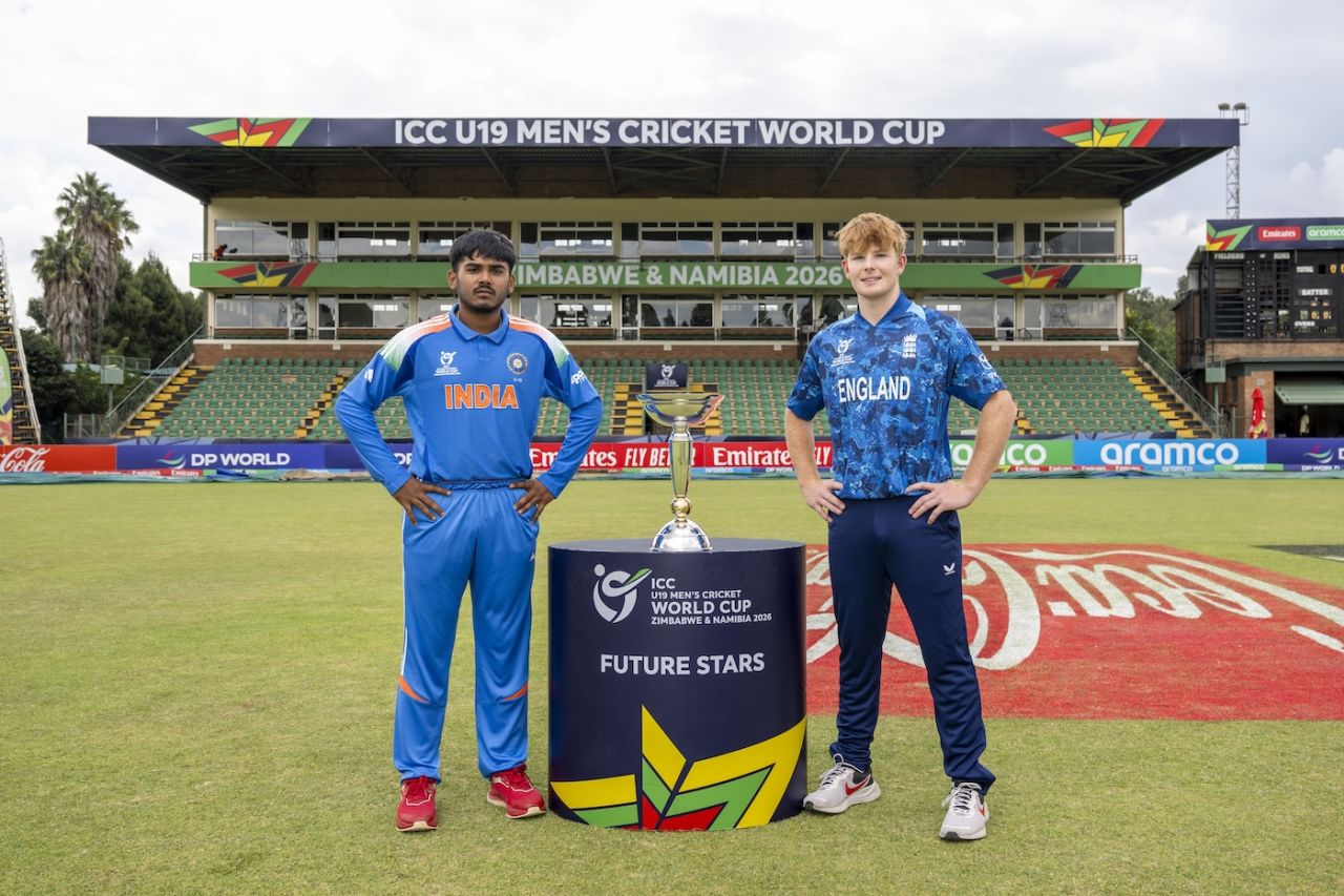 India captain Ayush Mhatre and England captain Thomas Rew with the trophy, Under-19 World Cup final, Harare, February 5, 2026