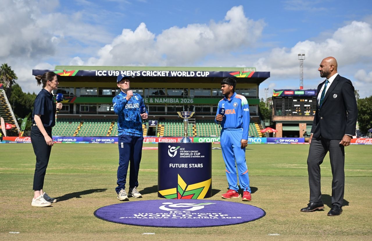Thomas Rew and Ayush Mhatre at the toss, England vs India, Under-19 men's World Cup final, Harare, February 6, 2026