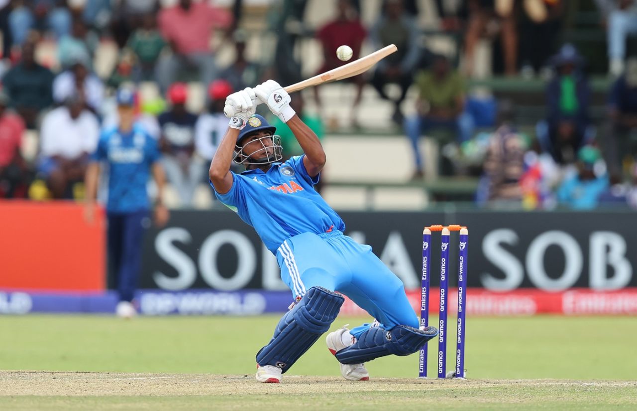 RS Ambrish looks to play the ramp, England vs India, Under-19 men's World Cup final, Harare, February 6, 2026