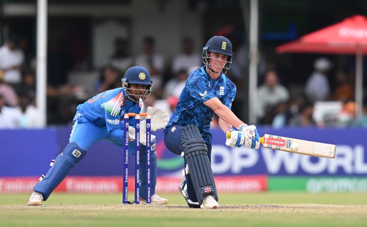 Ben Mayes goes for the reverse, England vs India, Under-19 men's World Cup final, Harare, February 6, 2026
