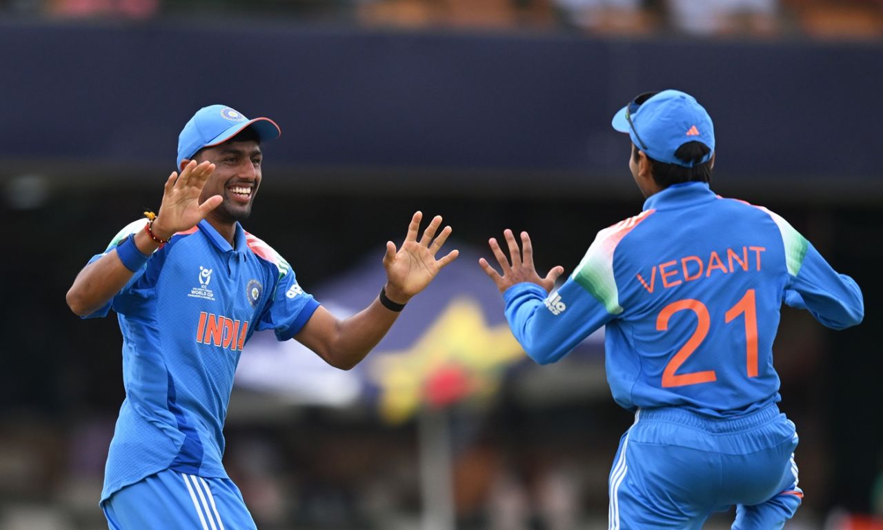 Henil Patel celebrates with Vedant Trivedi after taking a catch, England vs India, Under-19 men's World Cup final, Harare, February 6, 2026
