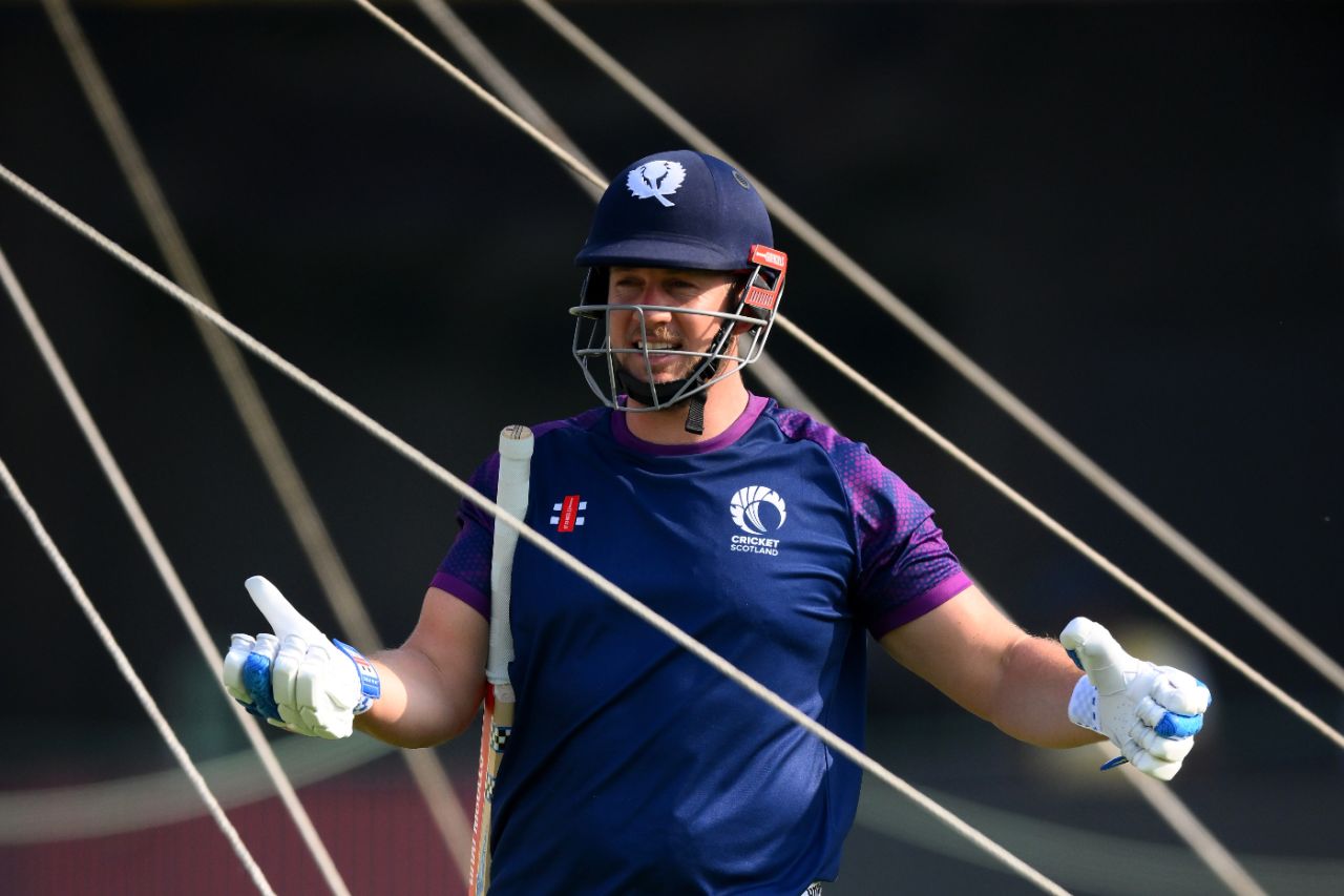 George Munsey gesticulates in the nets ahead of Scotland's opening match, Scotland vs West Indies, Men's T20 World Cup, Kolkata