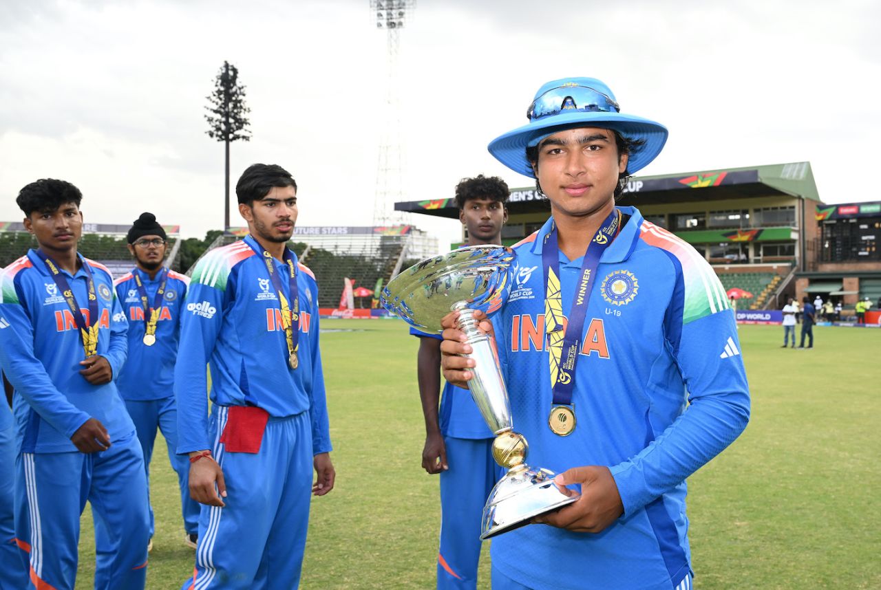 Vaibhav Sooryavanshi poses with the trophy, England vs India, Under-19 men's World Cup final, Harare, February 6, 2026