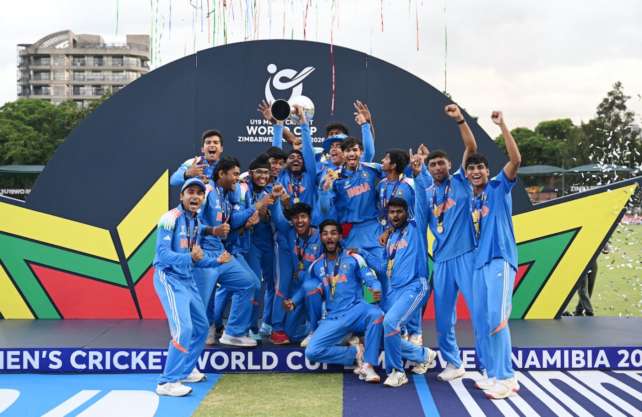 India celebrate winning the Under-19 World Cup for the sixth time, England vs India, Under-19 men's World Cup final, Harare, February 6, 2026