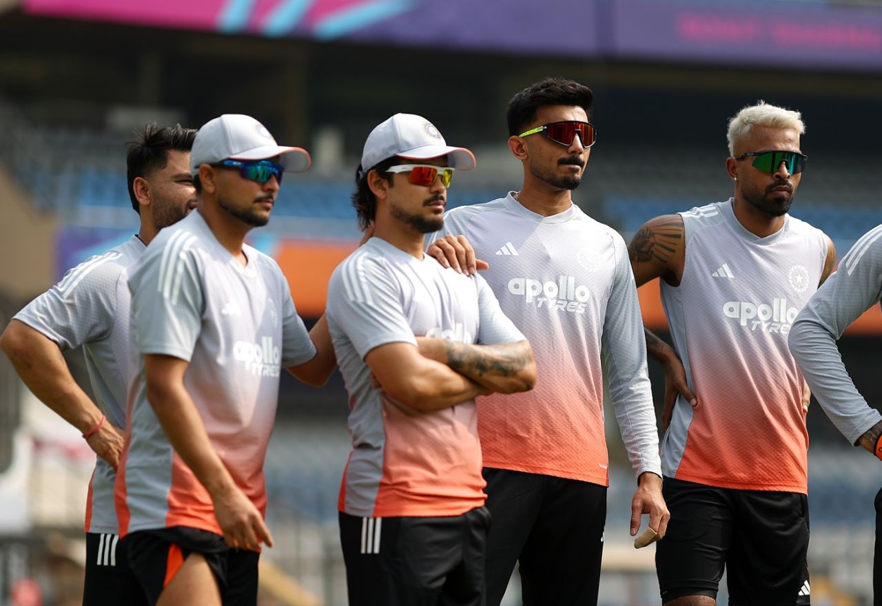 Axar Patel, Hardik Pandya, Rinku Singh, Ishan Kishan and Kuldeep Yadav look on at a training session, T20 World Cup 2026, Mumbai, February 6, 2026
