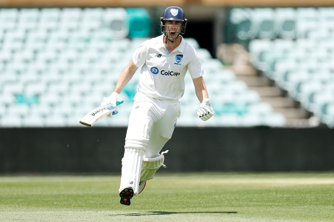 Kurtis Patterson roars as he reaches a century in his 100th Shield game, New South Wales vs South Australia, Sheffield Shield, SCG, February 7, 2026