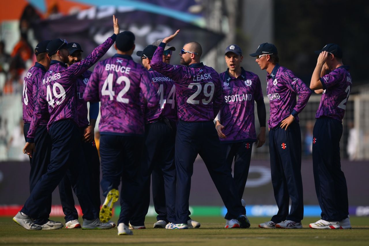 Michael Leask celebrates a wicket, Scotland vs West Indies, T20 World Cup, Kolkata, February 7, 2026 