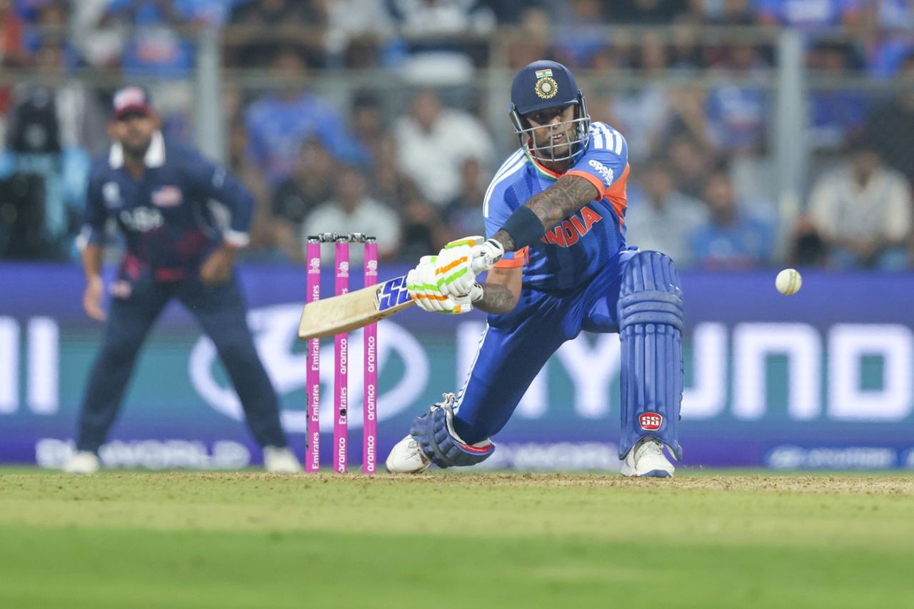 Suryakumar Yadav used the sweep against spin, India vs USA, Men's T20 World Cup, Group A, Mumbai, February 7, 2026