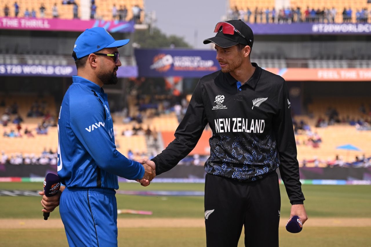 Rashid Khan and Mitchell Santner greet each other at the toss, Afghanistan vs New Zealand, T20 World Cup, Chennai, February 8, 2026
