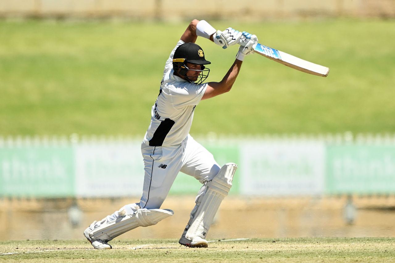 Jhye Richardson drives during his rearguard innings, Western Australia vs Tasmania, Sheffield Shield, WACA, February 8, 2026
