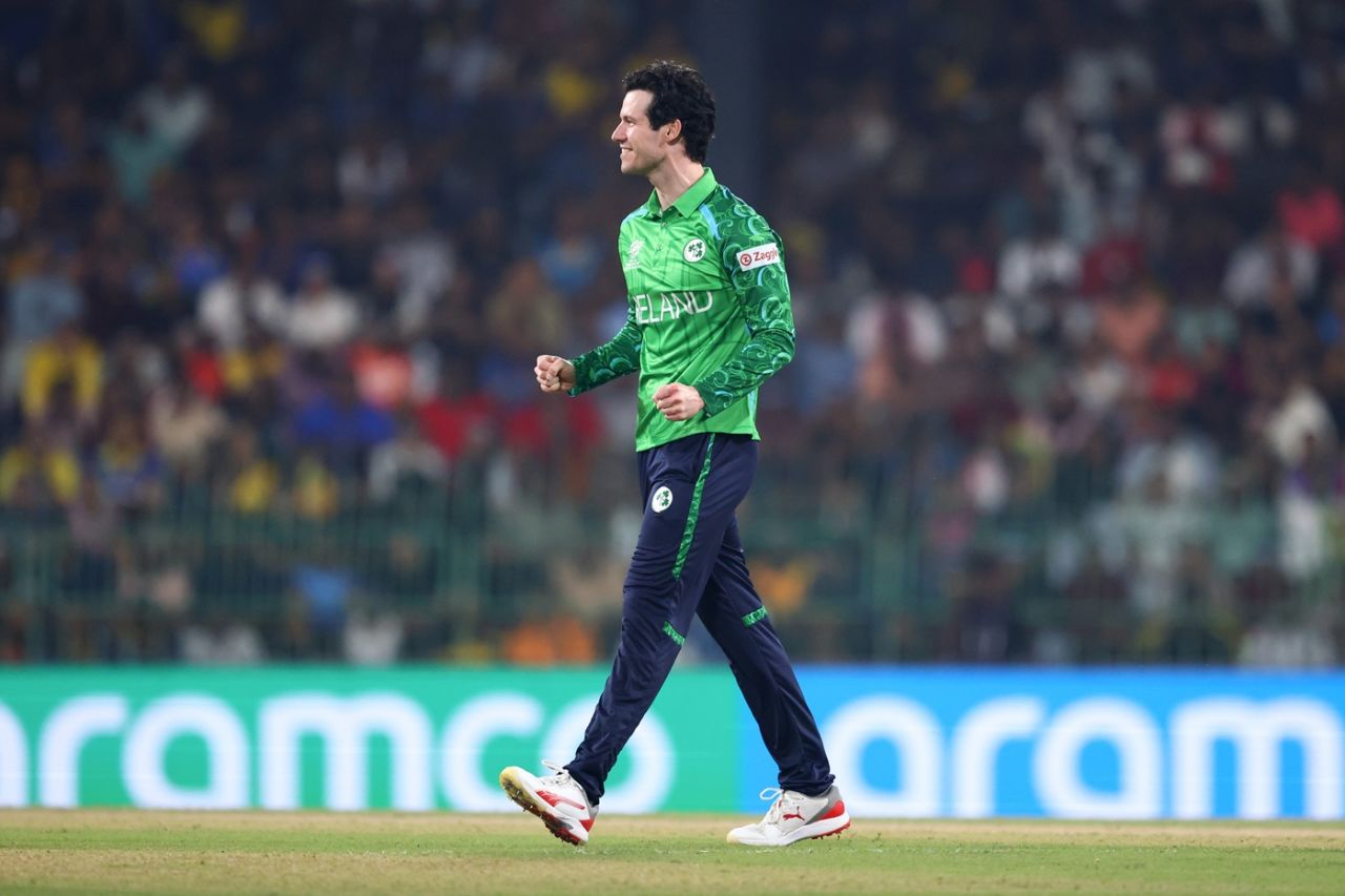 George Dockrell celebrates the big wicket of Pathum Nissanka, Sri Lanka vs Ireland, Men's T20 World Cup, Colombo, February 8, 2026