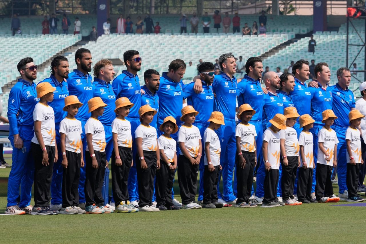 The Italy side sings the national anthem ahead of play, Italy vs Scotland, Men's T20 World Cup, Kolkata, February 9, 2026