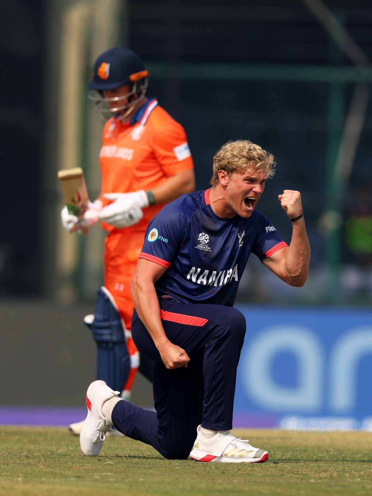 Ruben Trumpelmann is pumped after removing Michael Levitt, Namibia vs Netherlands, T20 World Cup, Delhi, February 10, 2026