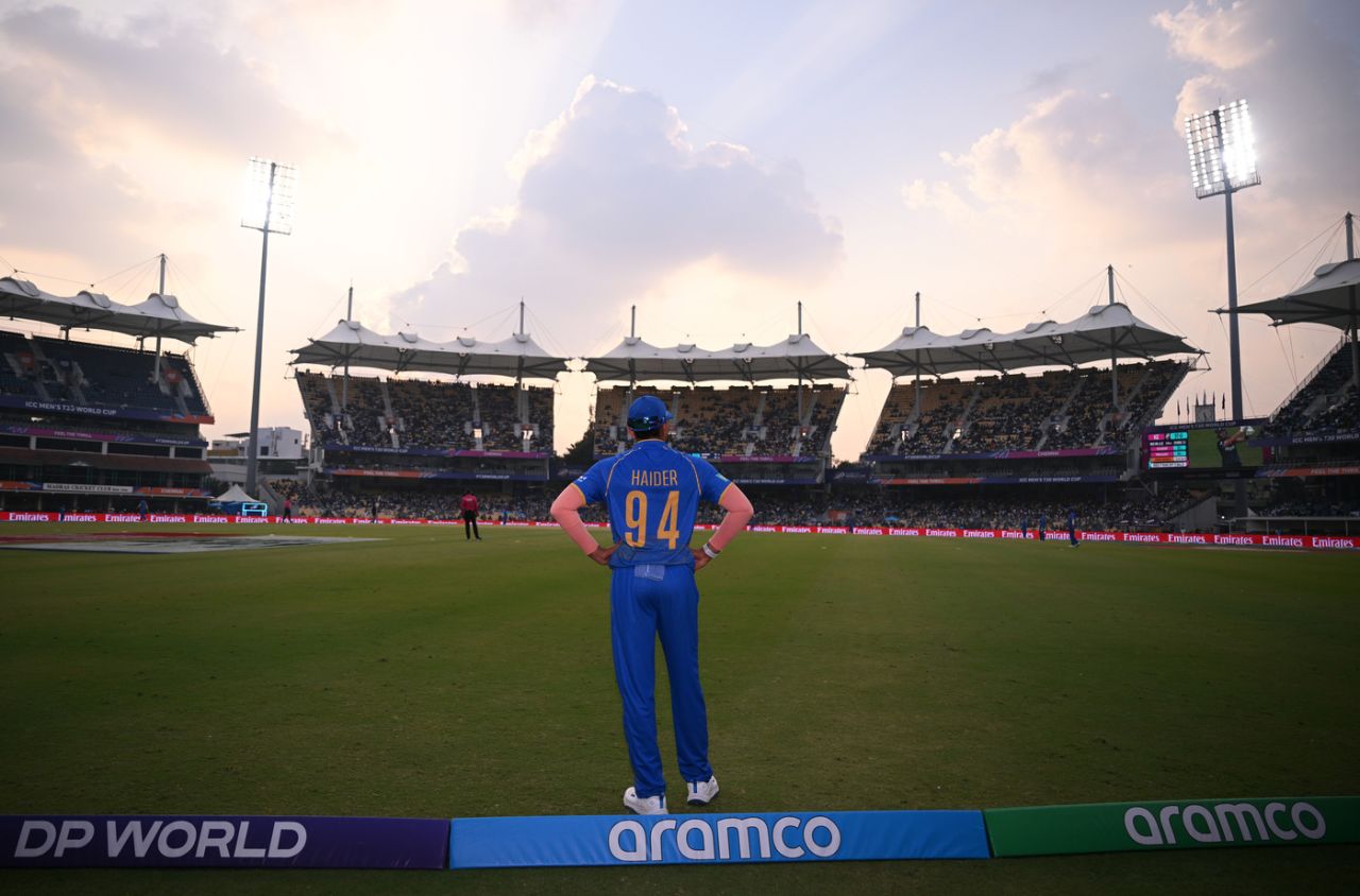 Haider Ali looks on from the outfield, New Zealand vs UAE, T20 World Cup 2026, Chennai, February 10, 2026