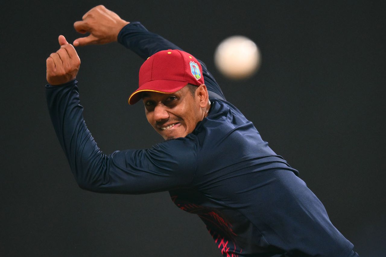 Gudakesh Motie sends one down in the nets, Mumbai, February 10, 2026
