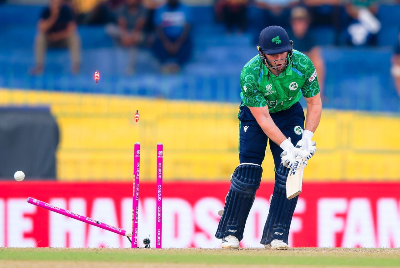 Ross Adair is bowled off a slower ball, Australia vs Ireland, Colombo, T20 World Cup, February 11, 2026
