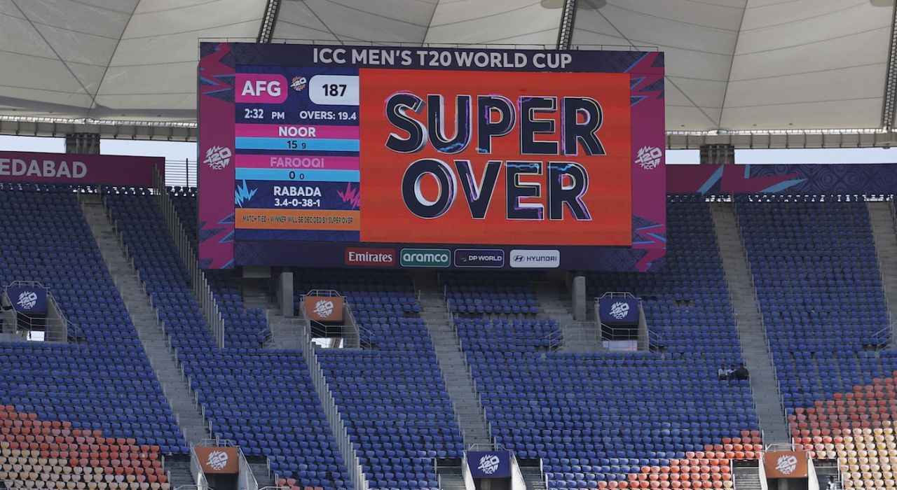The screen signals the match is going into a Super Over, Afghanistan vs South Africa, T20 World Cup, Ahmedabad, February 11, 2026