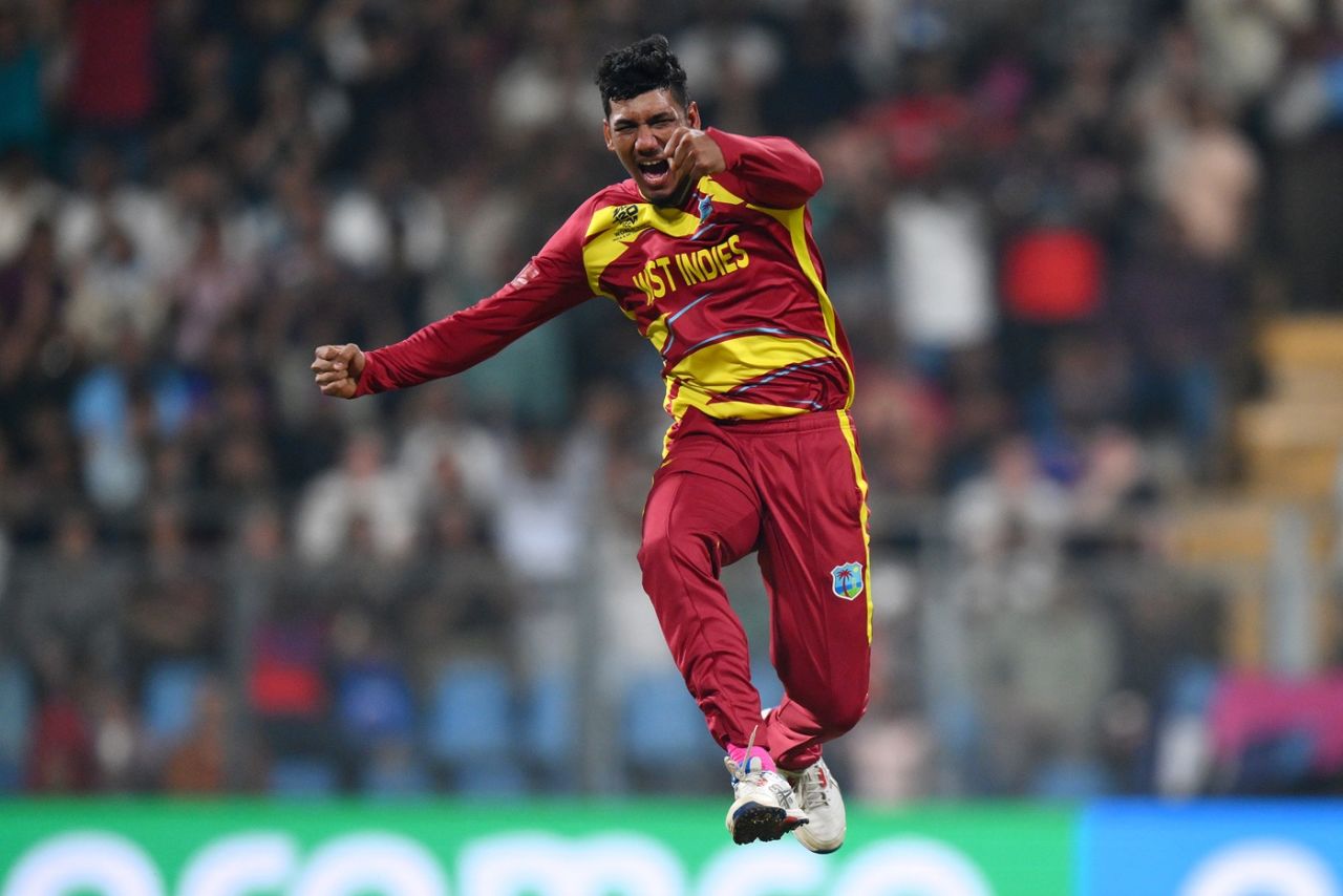 Gudakesh Motie is pumped up after getting rid of Jacob Bethell, England vs West Indies, T20 World Cup 2026, Mumbai, February 11, 2026